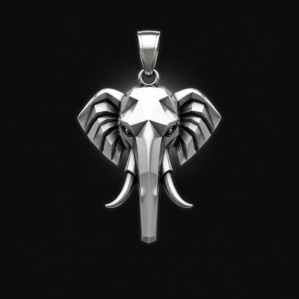 Silver elephant pendant on a black background