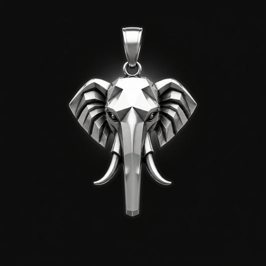 Silver elephant pendant on a black background